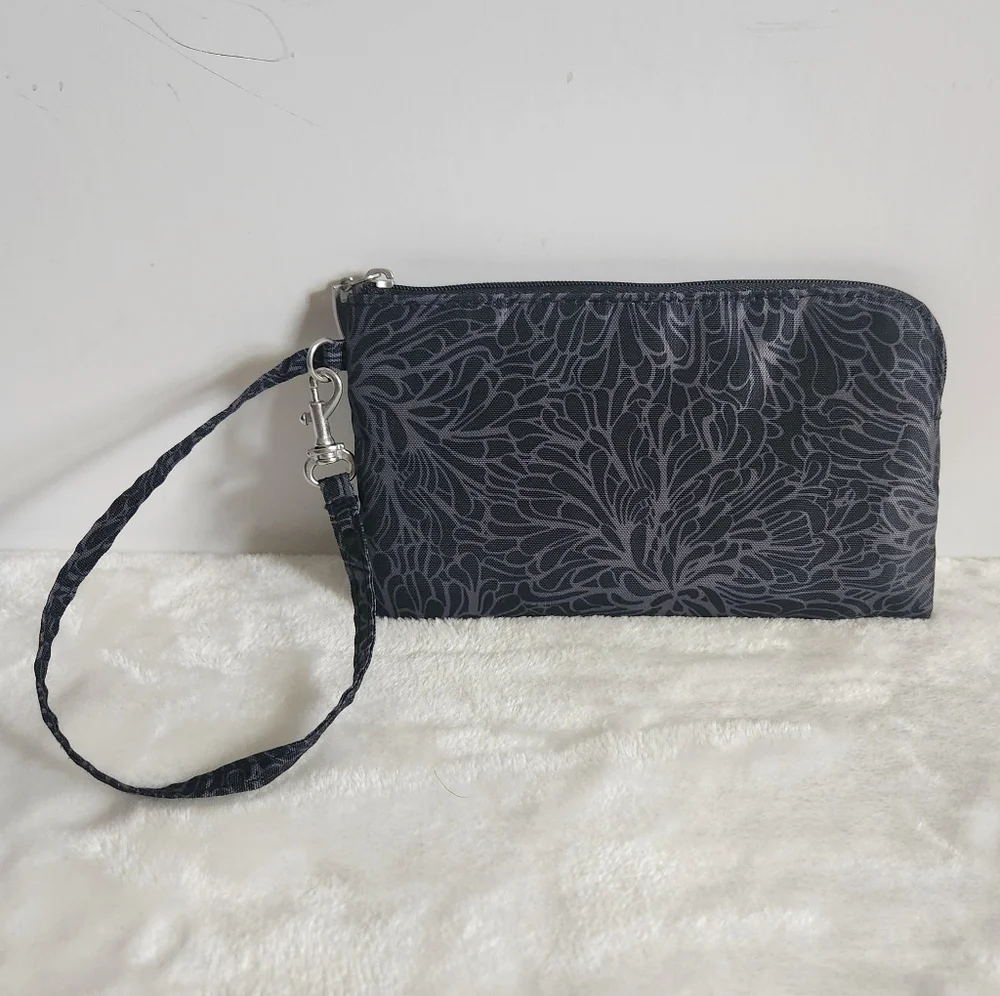 Baggallini Black Gray Midnight Blossom Floral RFID Phone Wrislet Wallet Clutch